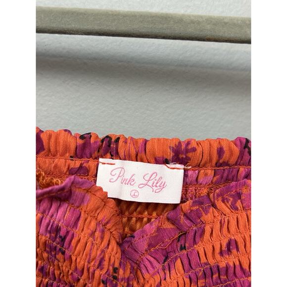 Pink Lily Blouse Womens Large Pink Smocked Floral Sheer Sleeves Ruffles Festival - Picture 4 of 9